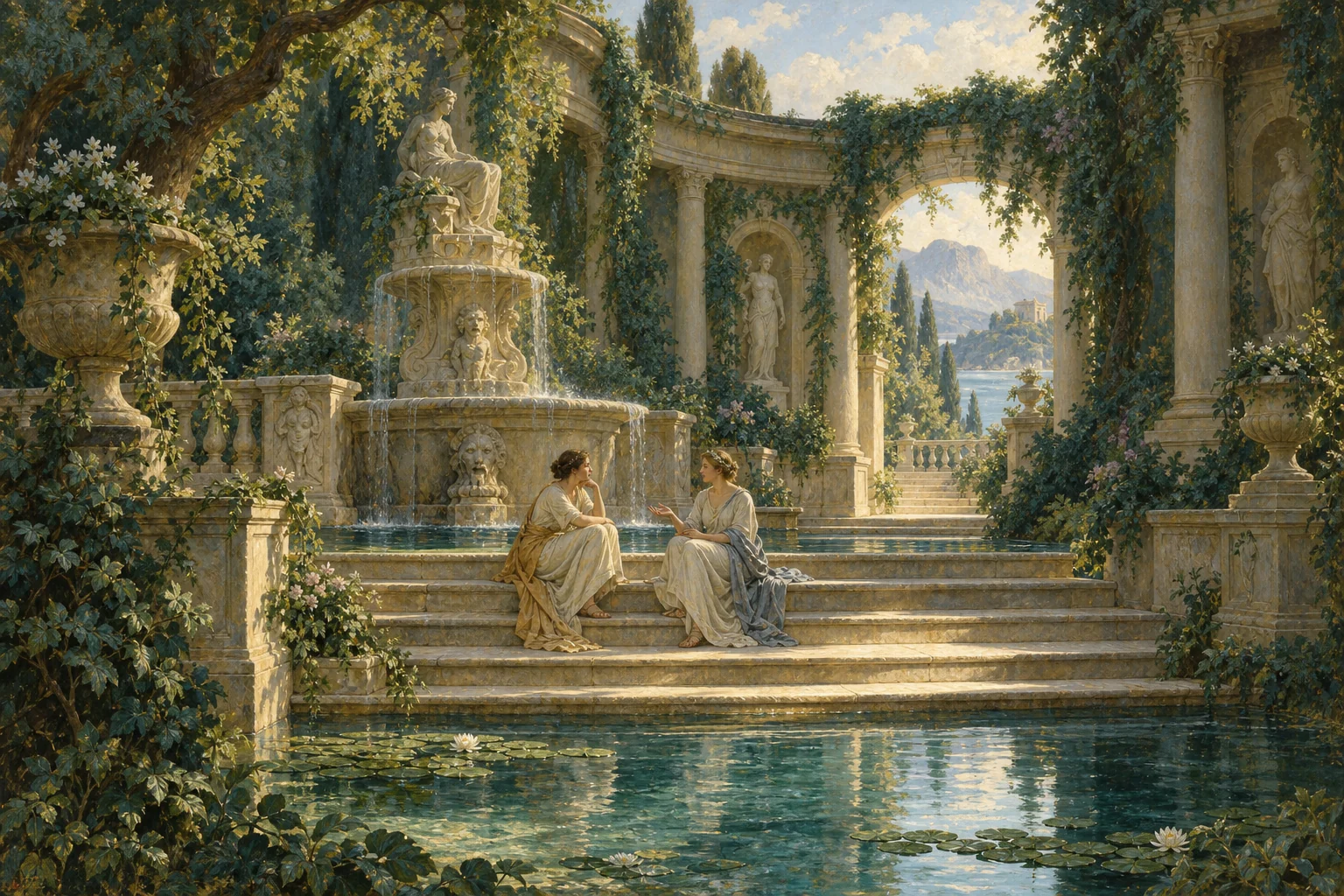 Two figures converse on the steps of a sunlit fountain in a quiet Roman garden