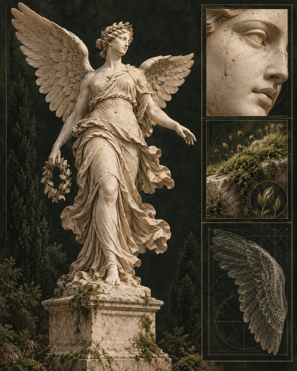 An ivory winged marble figure beside archival studies of weathered stone, moss and a finely reconstructed wing on a dark cypress ground