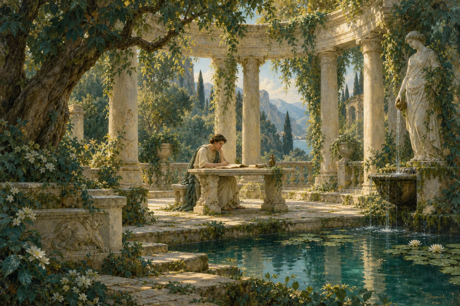 A scholar writes beside a fountain in an overgrown classical temple garden