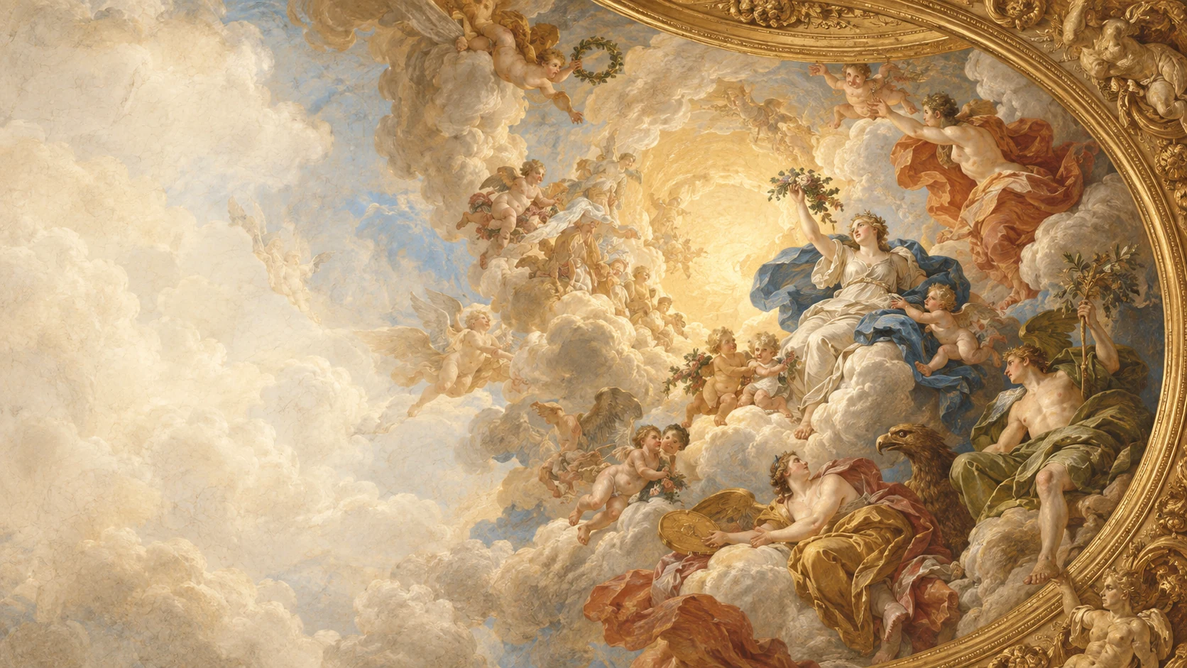 A luminous classical ceiling fresco with painted figures, swirling clouds and an ornate golden cornice