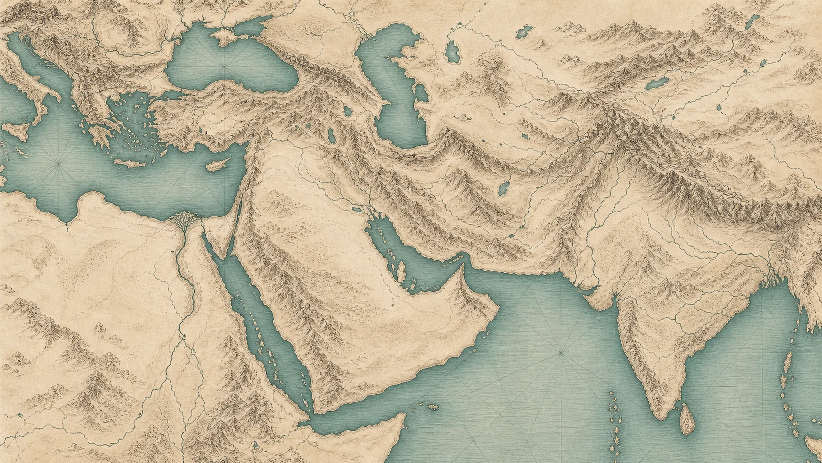 An antique illustrated atlas stretching from the Mediterranean to India