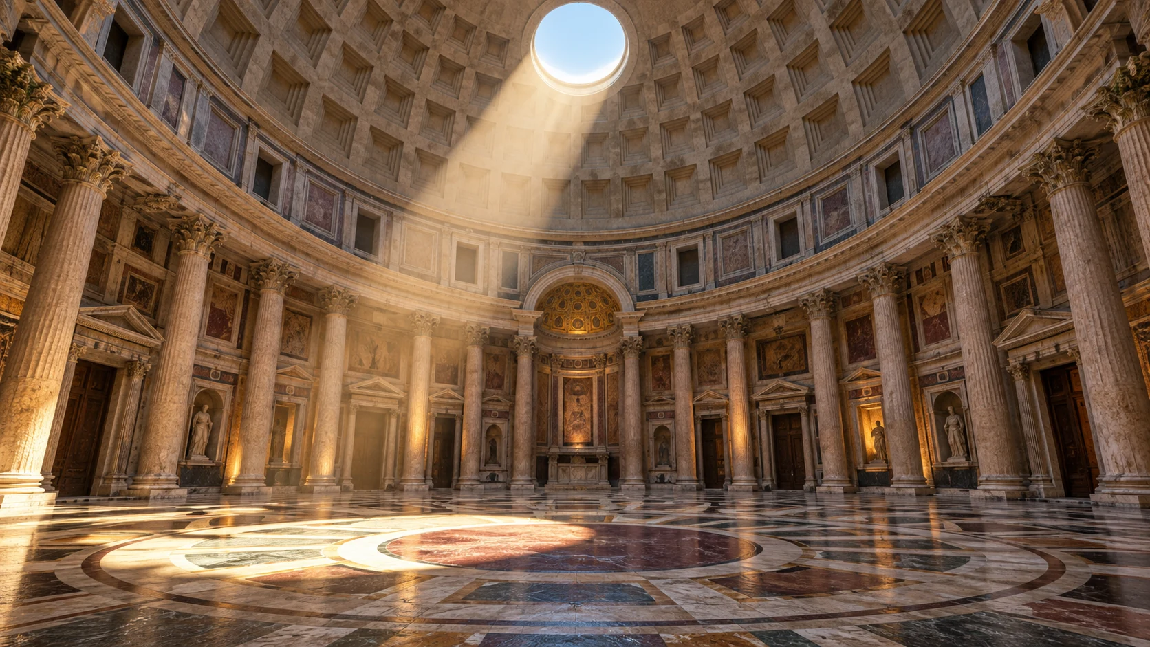 A sunbeam crosses the marble floor beneath an intricately coffered Roman dome